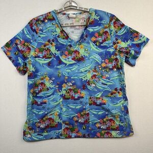 Just Cotton By‎ Univogue Large Dolphin Reef  Scrub Top CNA Nurse Healthcare